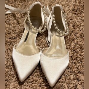 Elegant Pearl-Embellished White Wedding Shoes (no heels)